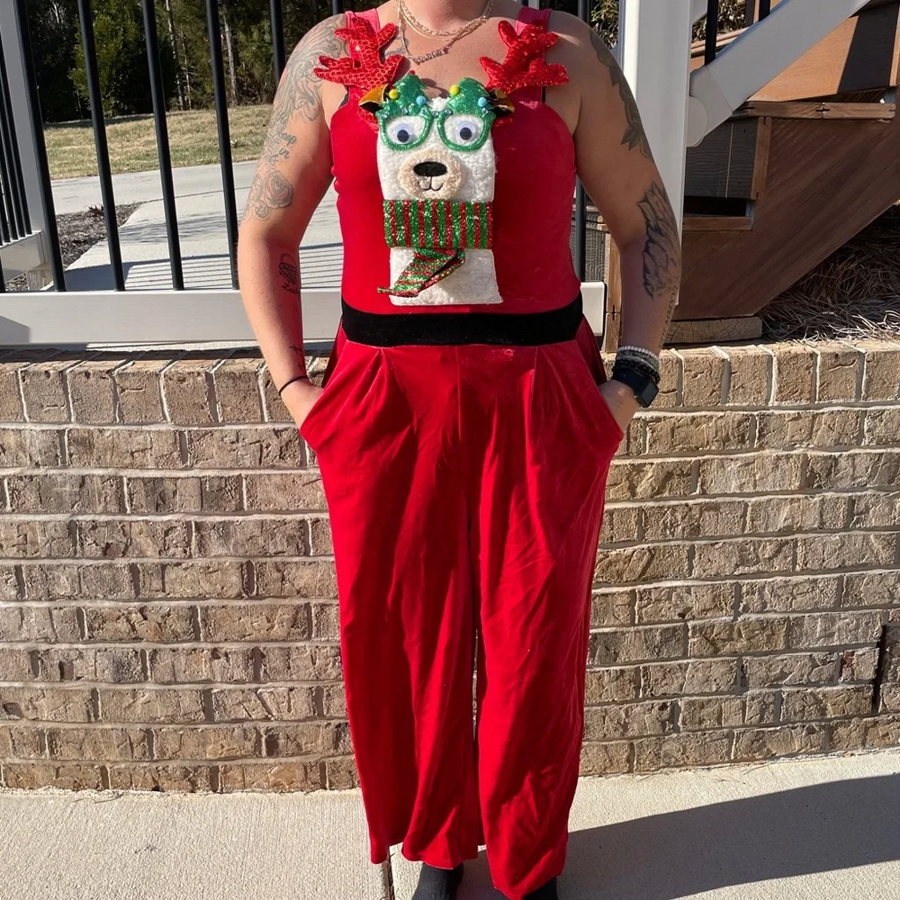 Born Famous Red Velour Festive Llama Christmas Jumpsuit NWT - Picture 2 of 8